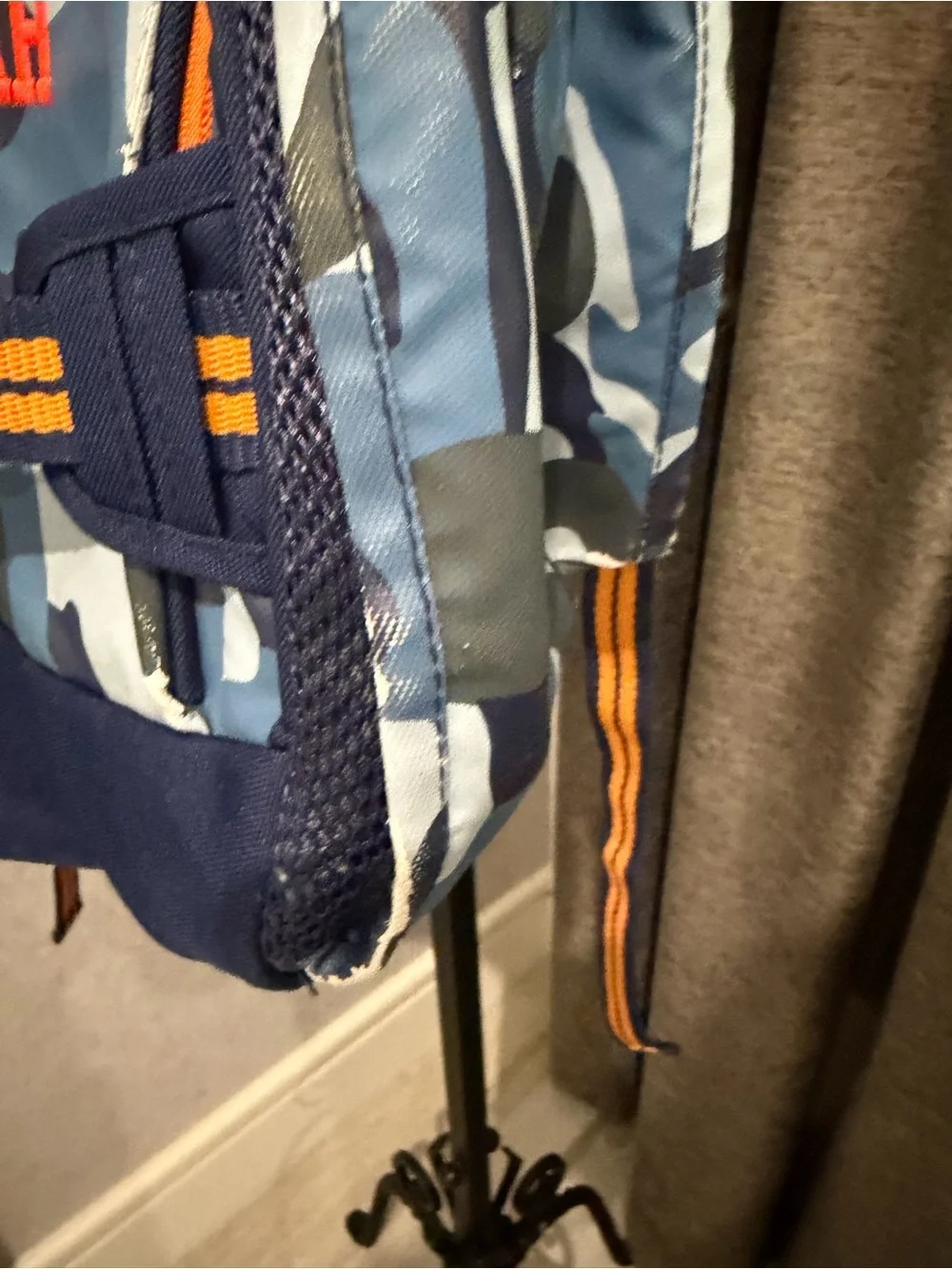 Pottery Barn Kids large Blue Camo Kids Backpack with Orange Trim. Used condition